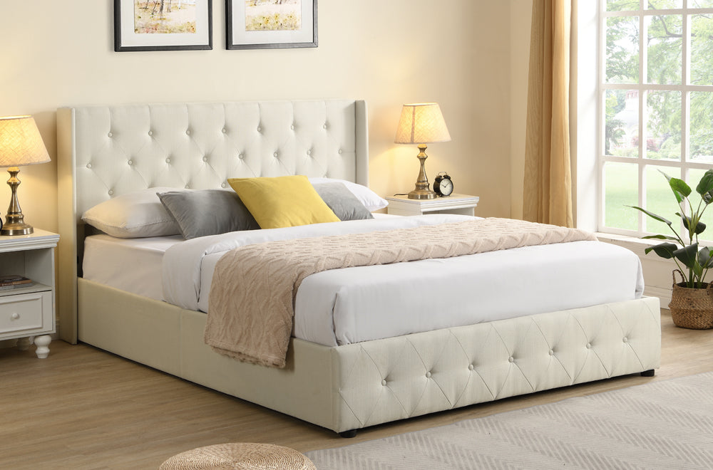 Alisha White Linen 54″ Double Platform Bed with Lift Storage