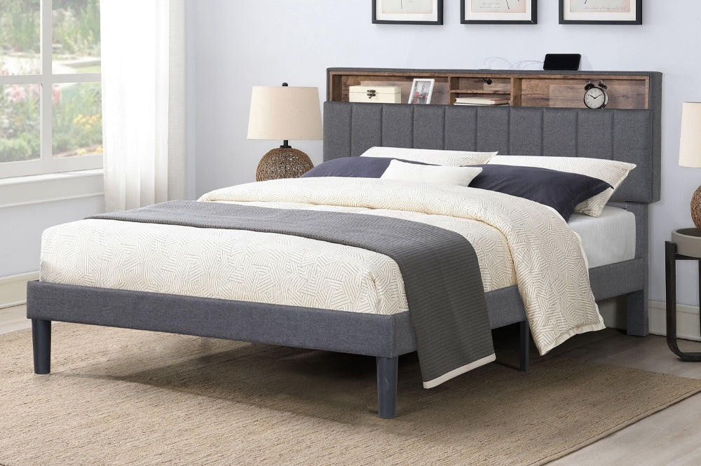 Matthew Light Grey Linen 54″ Double Platform Bed with Headboard Storage