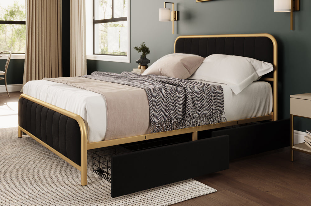 Brittany Black Velvet 54″ Double Platform Bed with Drawer Storage