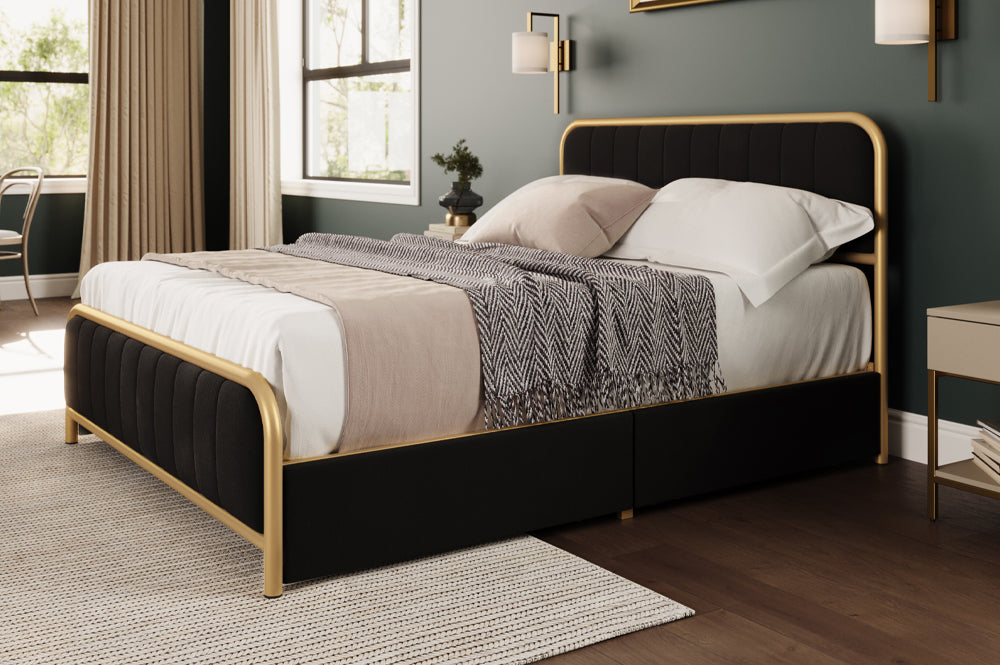 Brittany Black Velvet 54″ Double Platform Bed with Drawer Storage