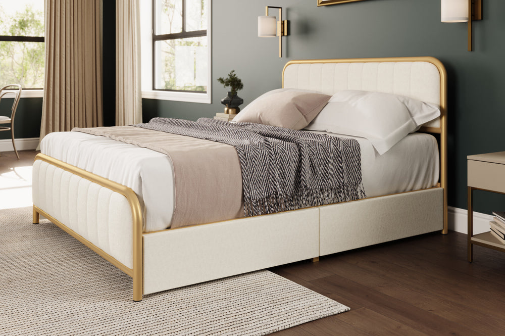 Brittany Off-White Velvet 54″ Double Platform Bed with Drawer Storage