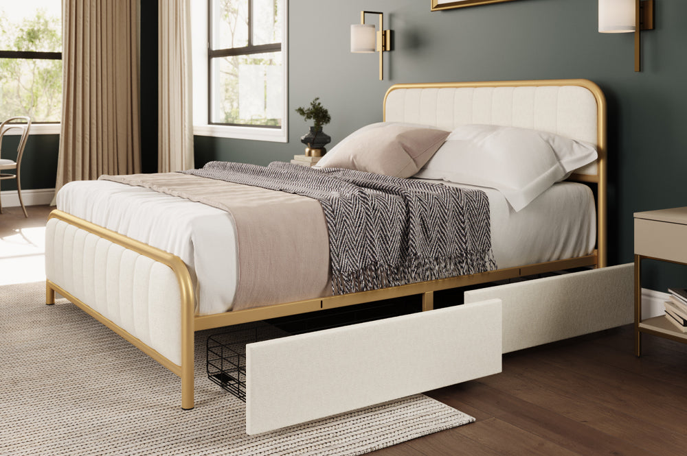 Brittany Off-White Velvet 54″ Double Platform Bed with Drawer Storage