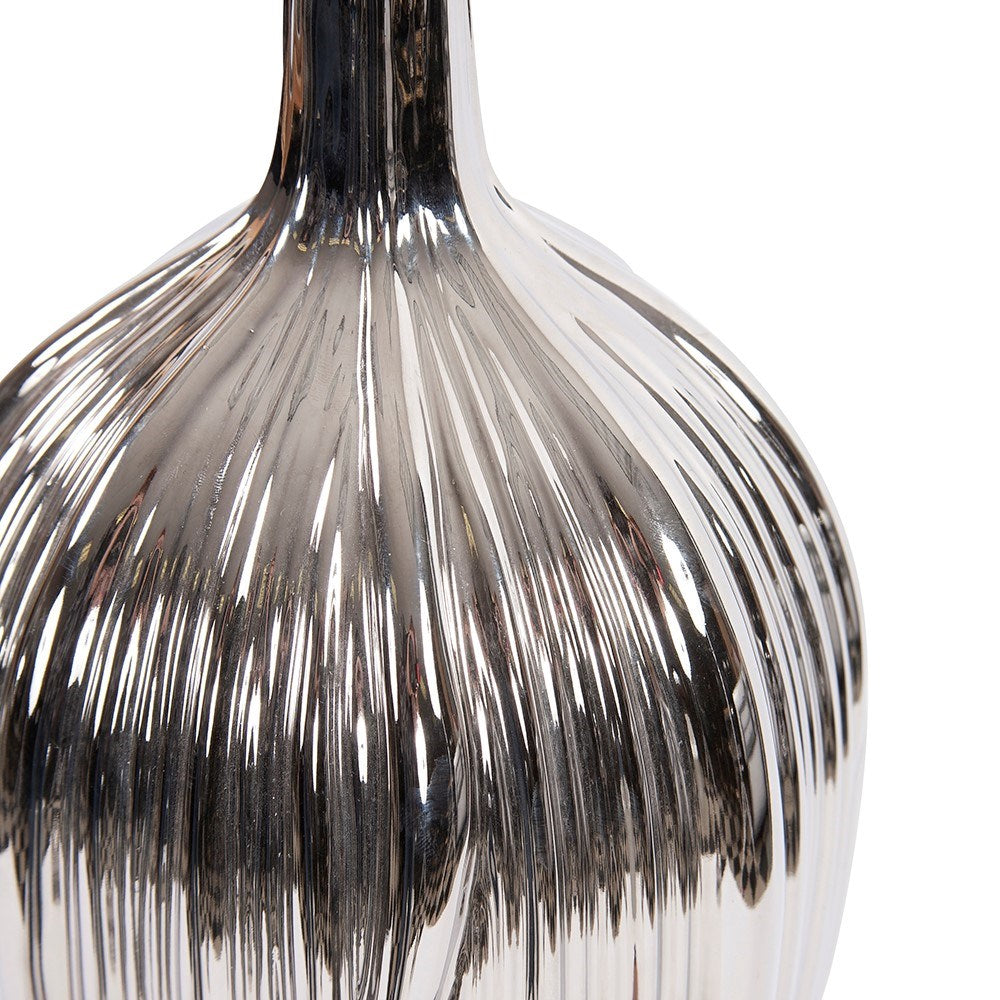 Metallic Silver Ribbed Ceramic Bottle Vase