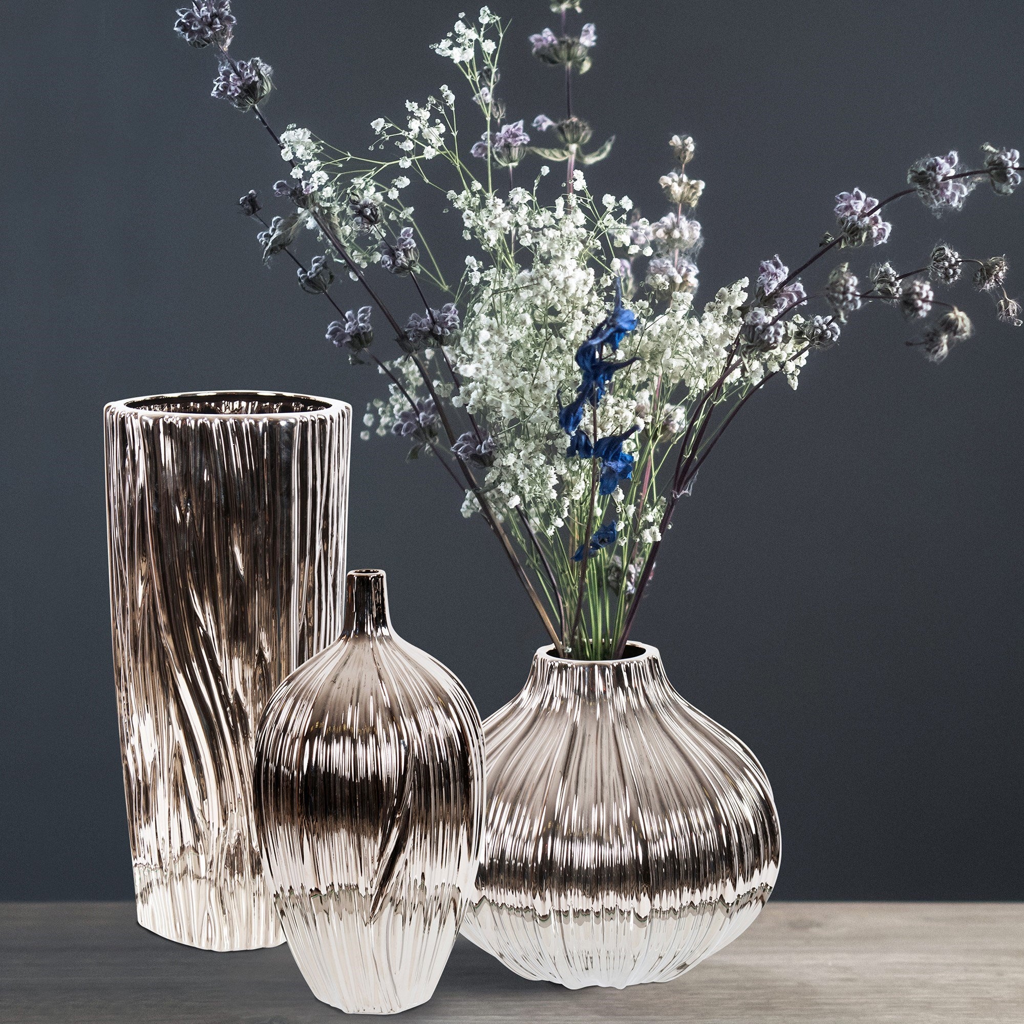 Metallic Silver Ribbed Ceramic Bottle Vase