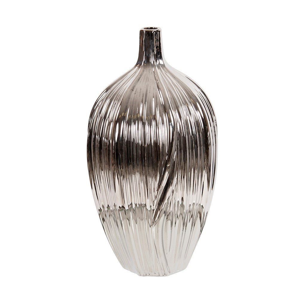 Metallic Silver Ribbed Ceramic Bottle Vase