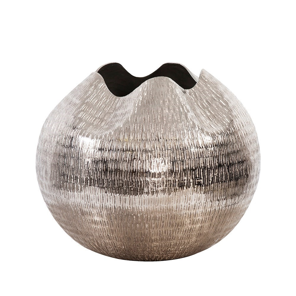 Textured Bright Silver Aluminum Pinched Top Globe Vase, Large